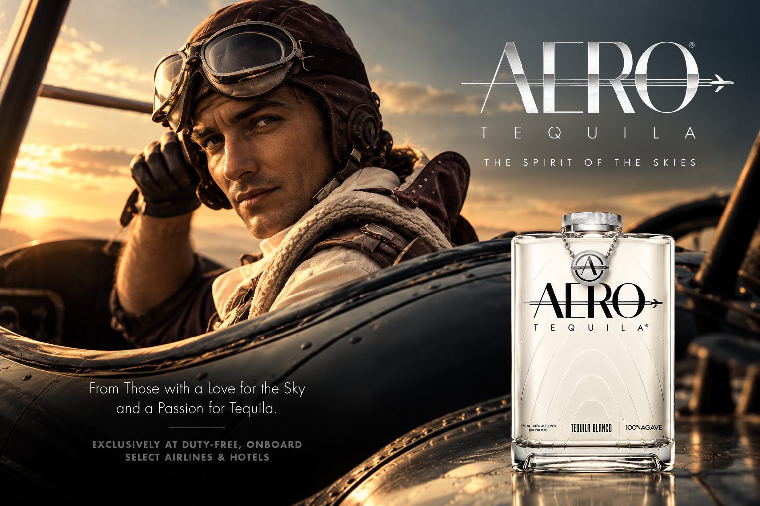 AERO Tequila ad — aviator in a vintage cockpit beside the bottle