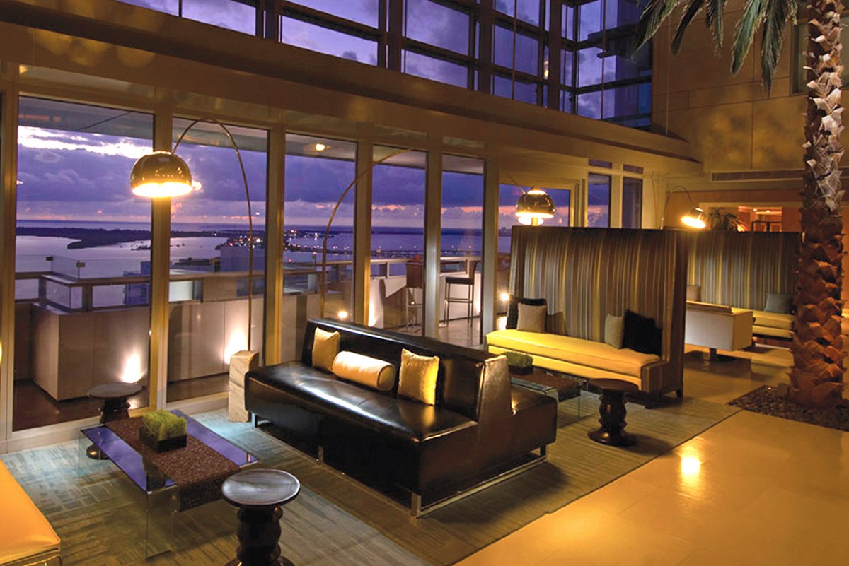 Conrad hotel lounge at dusk