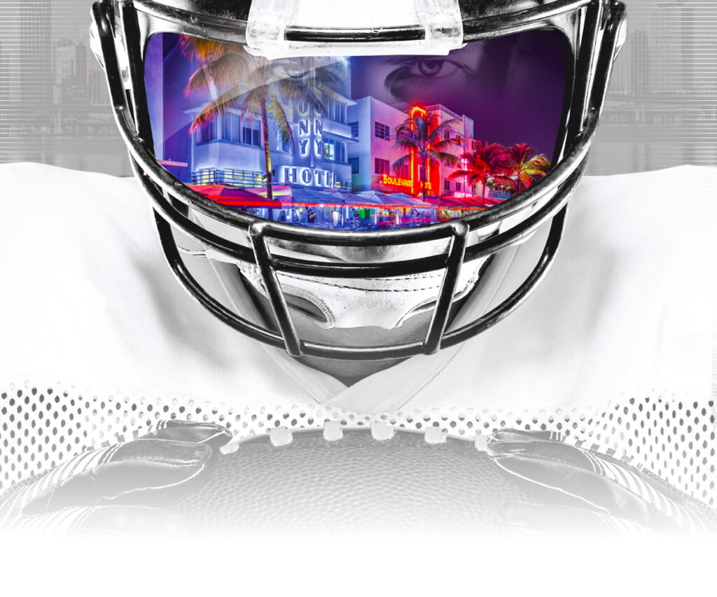 South Beach reflected in a football helmet — view the Miami Beach Bowl case study